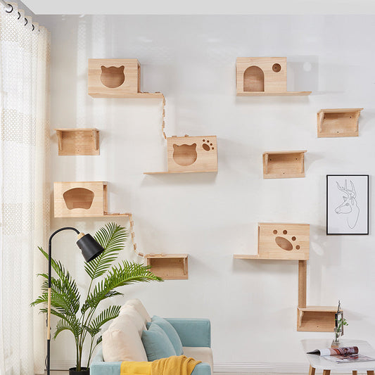 KFX-3996221 Luxury Pine Wood Cat Climbing Frame with Acrylic Bowl and Durable Hemp Rope