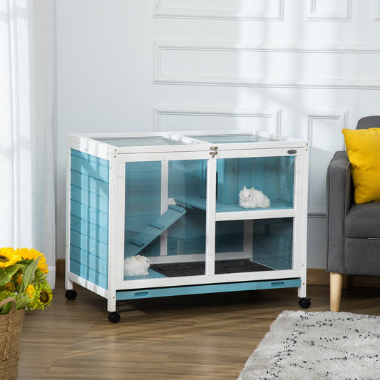 KFX-4017853 Blue Fir Wood Indoor Rabbit Hutch with Sleeping Area and Run Space