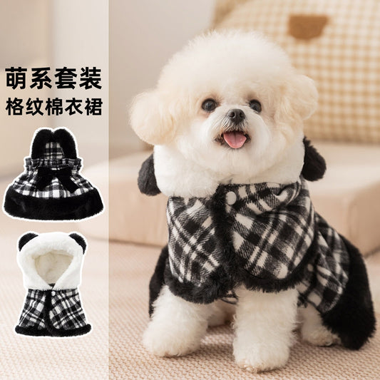 KFX-4018749 Charming Two-Piece Winter Dog Outfit with Hooded Cape and Dress for Small Pets