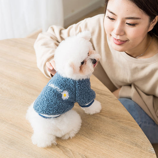 KFX-4033853 Embroidered Dog Feet Teddy Coat in Blue and Pink - Warm Wool Grain Sweater for Pets