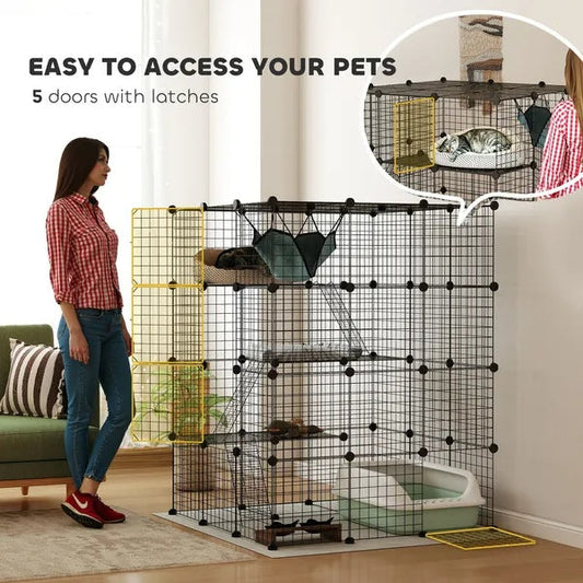 KFX-4050621 4-Tier Indoor Cat Cage with Hammock, Ramps, Platforms, and Doors for 1-3 Cats, 3x3x4 Feet, Black