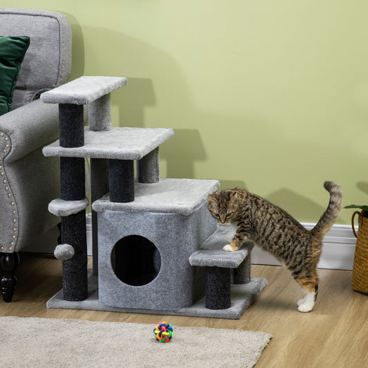 KFX-4061757 Adjustable 3/4 Step Cat Stairs with Scratching Post, Condo, and Toy Ball for Easy Access to Beds and Sofas