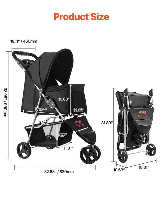 KFX-4087741 Foldable 3-Wheel Pet Stroller with Brake for Small Dogs and Cats, Up to 35lbs, Travel-Friendly Design