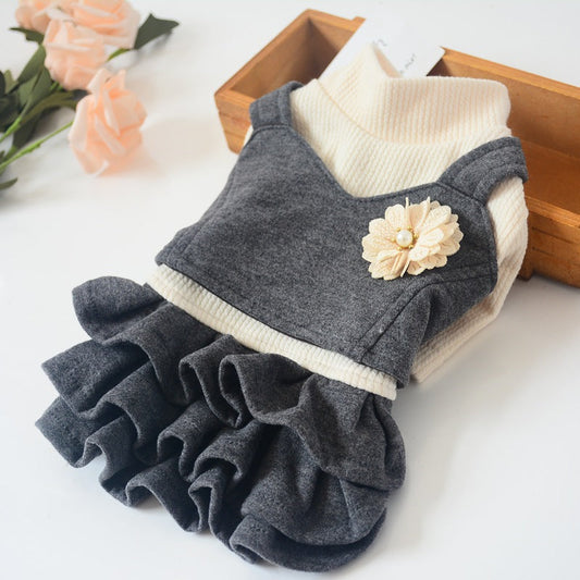 KFX-4130365 Korean Style Woolen Princess Dress for Female Dogs in Dark Gray and Camel