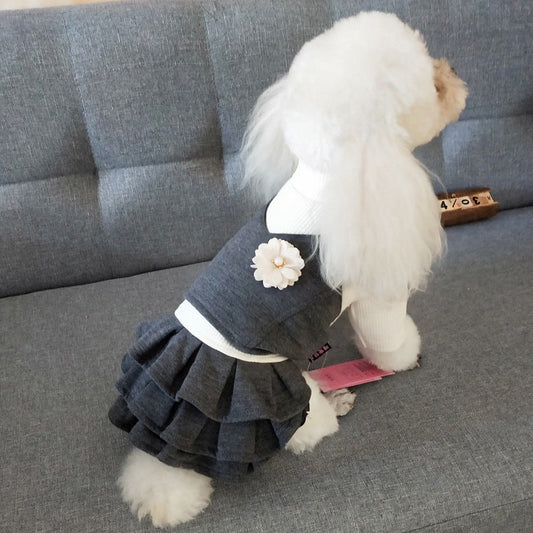 KFX-4130365 Korean Style Woolen Princess Dress for Female Dogs in Dark Gray and Camel