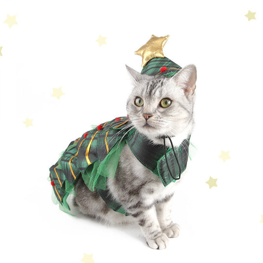 KFX-4143677 Christmas Tree Cape Pet Costume with Star Hat for Cats - Small Clothes Suit