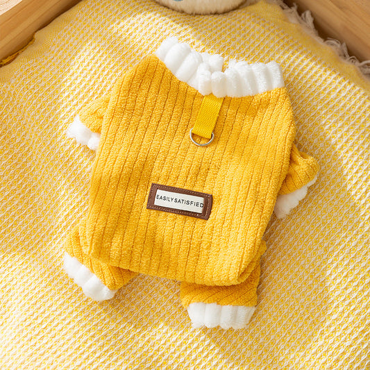 KFX-4182589 Cozy Yellow Ribbed Jumpsuit with Ruffled Cuffs for Small Dogs and Hairless Cats