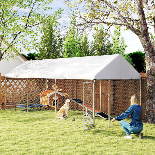 KFX-4187453 Spacious Outdoor Dog Kennel with Adjustable Bowl Rack and UV-Resistant Roof, 19.7' x 7.5' x 7.5'