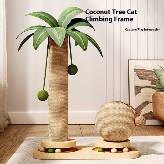 KFX-4190397 Durable Vertical Cat Climbing Frame with Coconut Tree Design and Wooden Balls