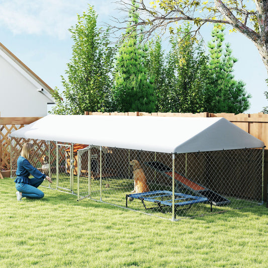 KFX-4220221 Two Room Outdoor Dog Kennel with Roof, Waterproof UV-Resistant Cover, Secure Lock, 19.7' x 7.5' x 5.2'