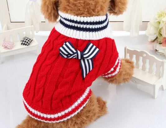 KFX-4241597 Stylish Acrylic Knit Sweater with Bowknot for Dogs - Pug Size Options in Blue and Red
