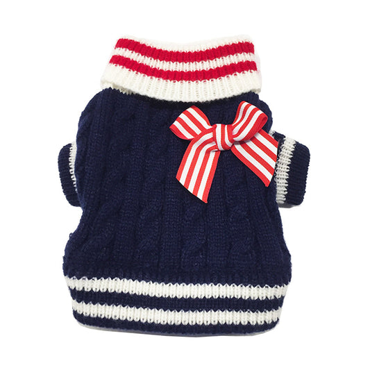 KFX-4241597 Stylish Acrylic Knit Sweater with Bowknot for Dogs - Pug Size Options in Blue and Red