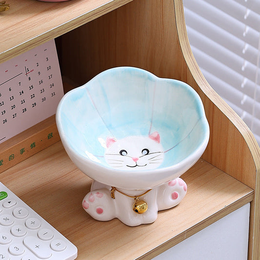 KFX-4249533 Cute Ceramic Cat Bowl with Anti-Tumble Design - Available in Blue, Green, Pink, and Purple