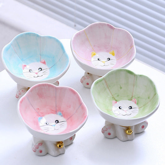 KFX-4249533 Cute Ceramic Cat Bowl with Anti-Tumble Design - Available in Blue, Green, Pink, and Purple