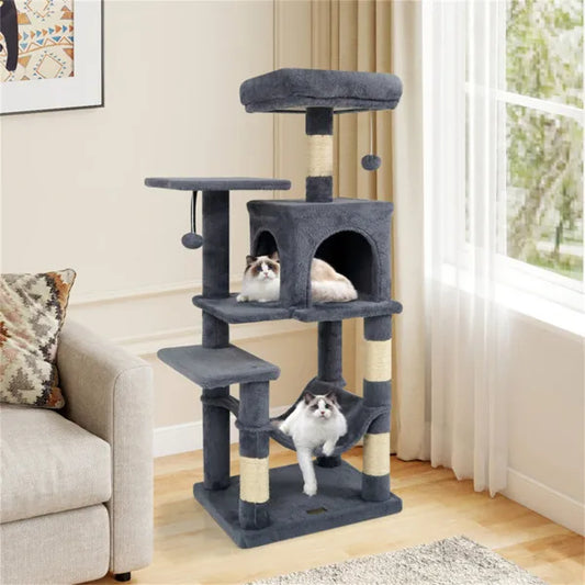 KFX-4308797 Multi-Level Cat Tree with Spacious Top Perch, Condo and Hammock for Indoor Cats - Gray