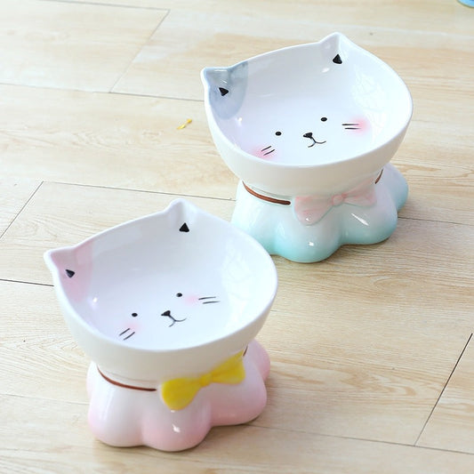KFX-4315069 Ceramic Cat Bowl for Healthy Eating - Pink and Blue, 155g Grain & 300ml Water Capacity