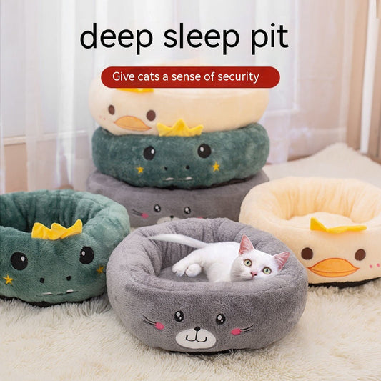 KFX-4318909 Universal Cartoon Embroidery Winter Warm Pet Bed in Yellow Duck, Frog, Blue Cat - Various Sizes Available