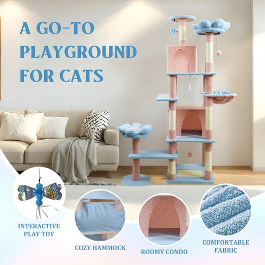 KFX-4323901 71-Inch Blue Cat Tree with Large Condo, Removable Flower Cushion, and Hammock