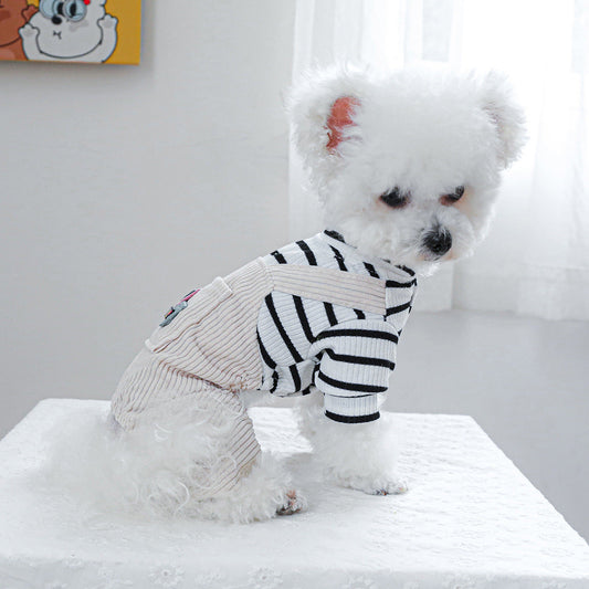 KFX-4326205 Black and White Striped Pocket Overalls for Pets in Casual Style