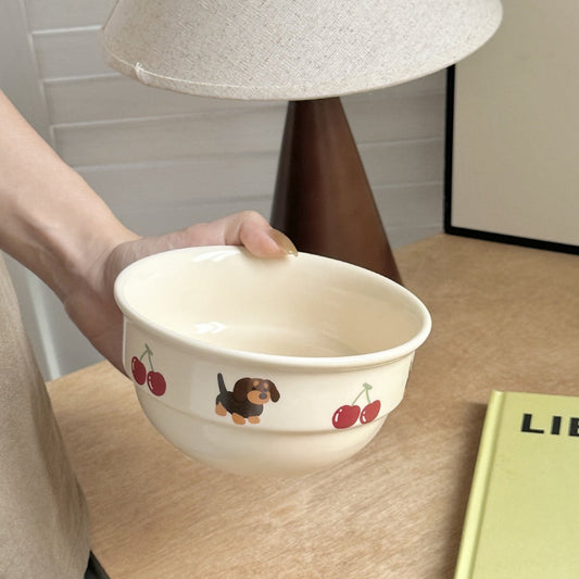 KFX-4342077 Cute Cartoon Cherry Sausage Dog Ceramic Bowl - Fun & Adorable Tableware for Kids