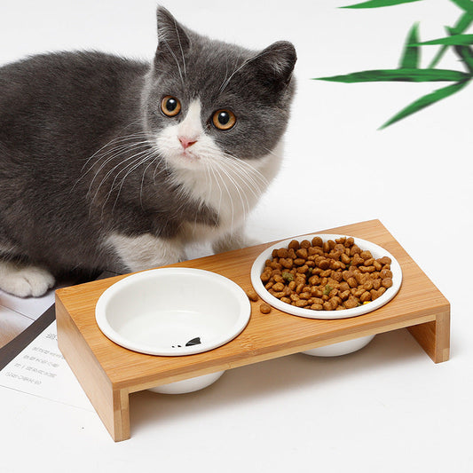 KFX-4347837 Bamboo and Wood Ceramic Cat Bowl - American Style Double and Single Options