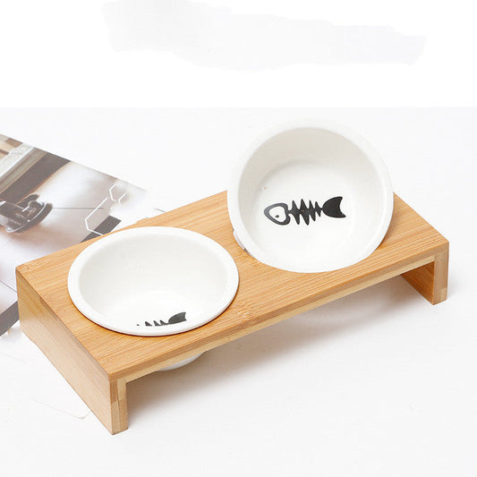 KFX-4347837 Bamboo and Wood Ceramic Cat Bowl - American Style Double and Single Options