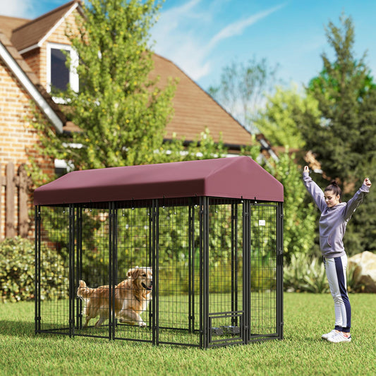 KFX-4357053 Spacious Outdoor Dog Kennel with Rotating Bowl Holders and Waterproof Cover, 8' x 4' x 6', Red