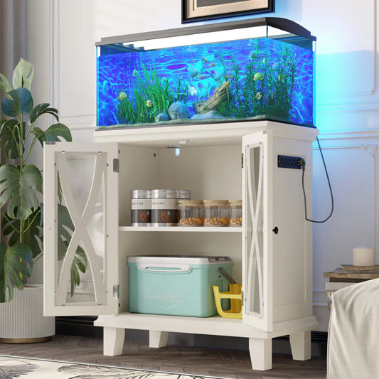 KFX-4362429 20 Gallon Aquarium Stand with Power Outlets, Adjustable Shelves, Beige Finish, Ideal for Reptile Tanks and Storage