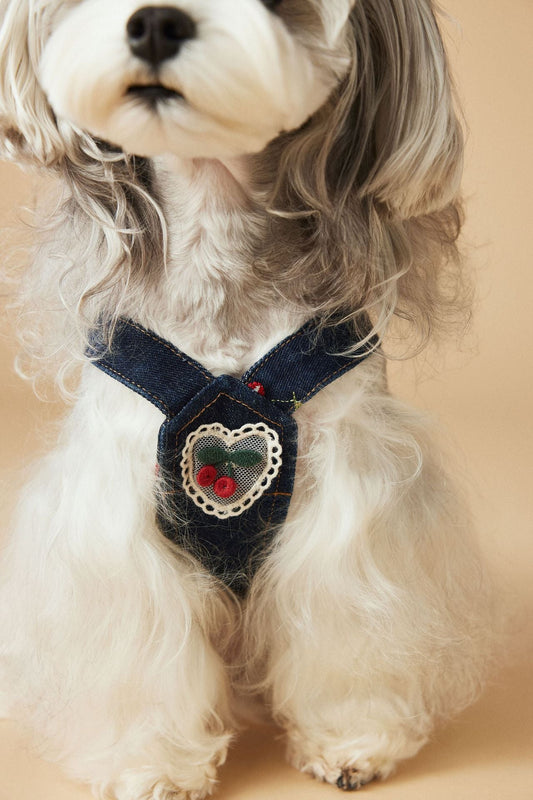 KFX-4411965 Cherry Denim Dress for Dogs - Casual Navy Blue Pet Clothing in Multiple Sizes (XS-XXL)