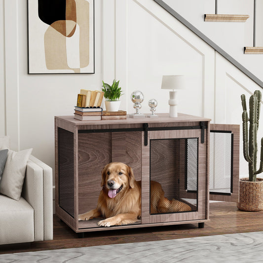 KFX-4416829 Walnut Brown Dog Crate Furniture with Sliding Barn Door for Large Dogs, 39" End Table Design