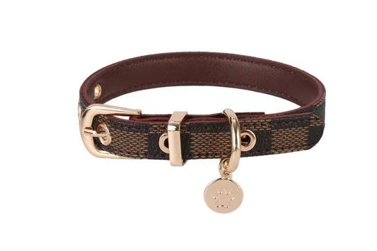 KFX-4426685 Floral Pattern PU Leather Pet Collar with Matching Leash - Milky White, Brown, Dark Gray Plads