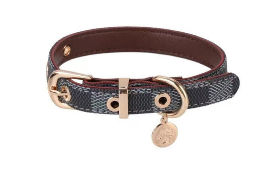 KFX-4426685 Floral Pattern PU Leather Pet Collar with Matching Leash - Milky White, Brown, Dark Gray Plads