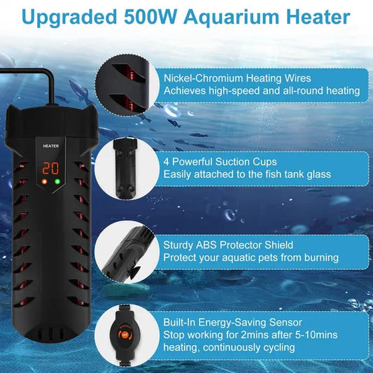 KFX-4427965 500W Submersible Aquarium Heater with Adjustable Temperature and External Controller for Freshwater and Saltwater Tanks