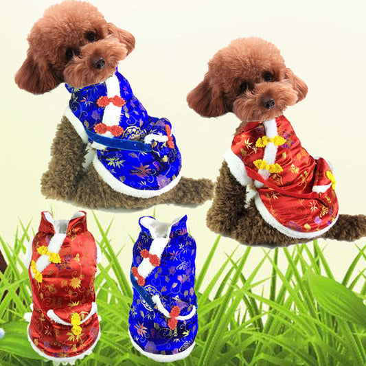 KFX-4435005 Red Envelope Bag Tang Suit for Pets in Red and Blue, Silk and Cotton Blend, Suitable for New Year Celebrations
