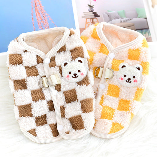 KFX-4457277 Velvet Thermal Pet Vest for Autumn and Winter - XD Checkerboard Bear Design in Blue, Yellow, or Brown Sizes S-XXL