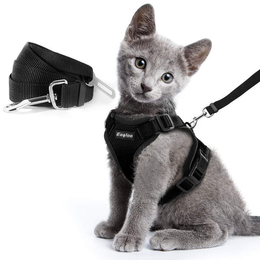 KFX-4466493 Adjustable Escape Proof Cat Vest Harness with Soft Mesh and Car Seat Belt Adapter
