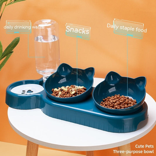 KFX-4473149 Plastic Double Bowl Anti-Roll Cat Feeding Set in Multiple Colors