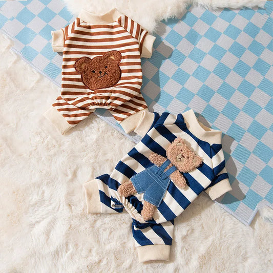 KFX-4477501 Cute Striped Bear Dog Pajamas for Autumn and Winter - Soft, Comfortable Four-Legged Pet Outfit