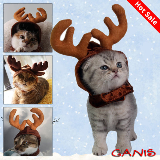 KFX-4483517 Christmas Reindeer Hat for Pets - Adjustable Velcro Design, Soft Polyester Fabric, Comfortable Fit for Small Dogs and Cats