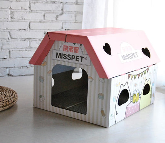 KFX-4484669 Izakaya Coffee House Cat Scratch Board and Toy - Corrugated Cat House with Sharpener, 45cm x 40cm x 35cm