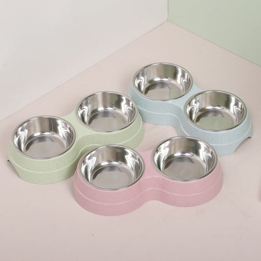 KFX-4496189 Wheat Straw Double Cat Bowl in Pink, Blue, and Green - Eco-Friendly Design