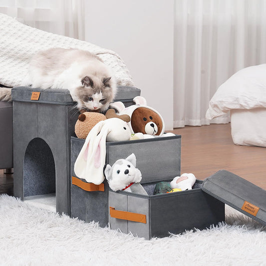 KFX-4514749 Foldable Gray Pet Storage Stairs for Dogs - 2 or 3 Steps Available, Durable Cloth Material