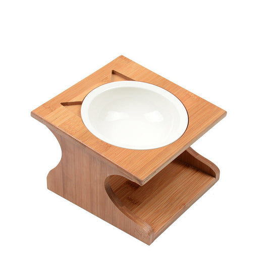 KFX-4532925 Solid Wood Cat Bowl with Bone China Dish Rack - Easy to Clean and Eco-Friendly