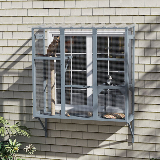 KFX-4538557 Spacious Multi-Level Cat Catio with Safety Net and Jumping Platforms for Outdoor Exploration