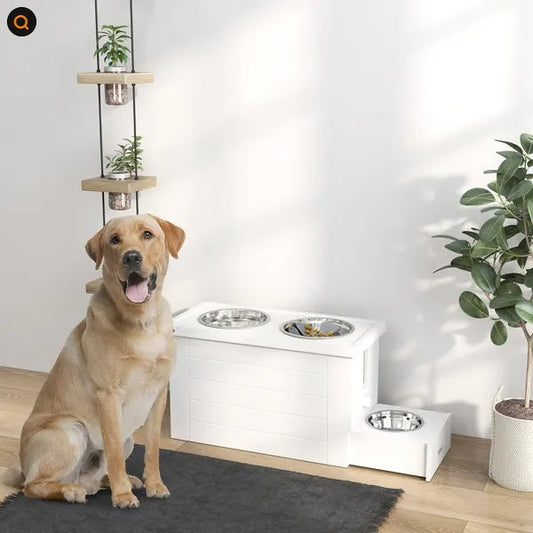 KFX-4548029 Elevated Dog Feeding Station with Slow Feeder Mat, Storage Cabinet, and Three Stainless Steel Bowls for Large Dogs