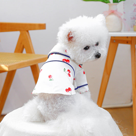 KFX-4556605 Cherry Pajamas for Small Dogs and Puppies – Comfortable Polyester Sleepwear in Dark Blue and White
