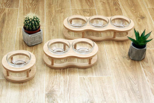 KFX-4561725 Wooden Cat Bowls with Glass Bowls in Various Sizes: Single, Double, and Triple Options