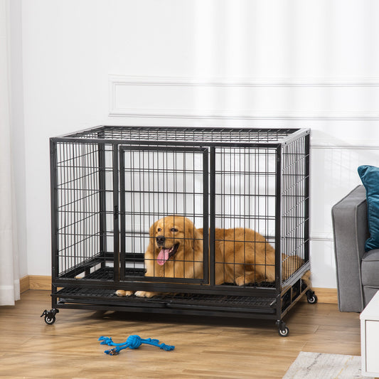 KFX-4586429 Heavy Duty 43" Dog Crate with Removable Tray, Lockable Wheels, Double Doors for Large Dogs