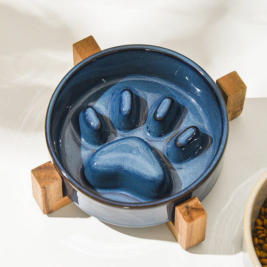 KFX-4604221 Japanese Style Medium Ceramic Pet Bowl for Cats and Dogs with Wooden Frame, 15.5cm