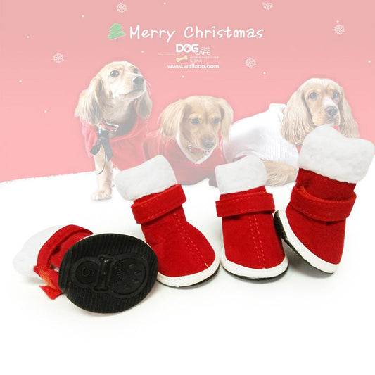 KFX-4627901 Cozy Red Plush Christmas Boots for Small Dogs - Non-Slip Warm Footwear